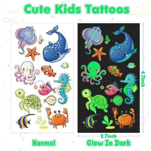 Vista 2 de 370 patrones de recuerdos de fiesta, 36 hojas que brillan en la oscuridad, tatuajes temporales luminosos, suministros de tatuajes falsos
