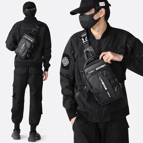 Vista 2 de Mochila cruzada pequeña negra para hombre y mujer, H-Negro, S, Moda