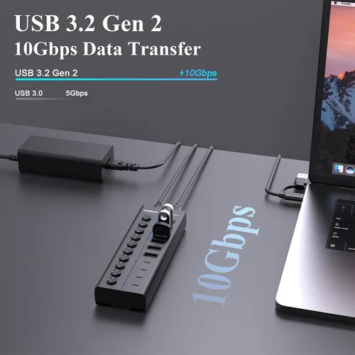 Vista 2 de FIDECO Hub USB alimentado de 60 W para laptop y PC, divisor USB de 10 puertos de 10 Gbps con adaptador de corriente de 12 V 5 A, adaptador