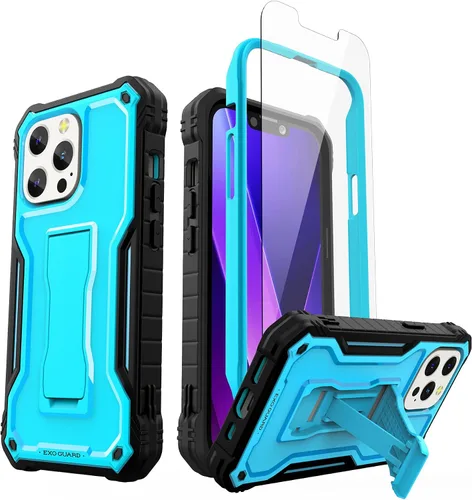 Vista 12 de ExoGuard Compatible con iPhone 13 Mini, funda de goma a prueba de golpes de cuerpo completo con protector de pantalla de vidrio templado, soporte