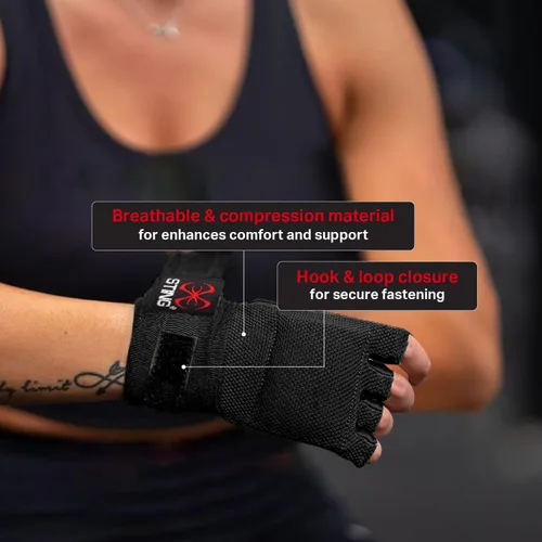 Vista 5 de STING Guantes elásticos de boxeo rápido, color negro, pequeño, tela de compresión semielástica con sección acolchada de nudillos, paneles de dedos