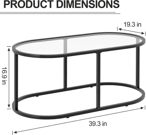 Vista 2 de Mesa de café Wolawu Mesas de café de vidrio negro para sala de estar, mesa de centro ovalada con marco de metal resistente, mesas de acento modernas