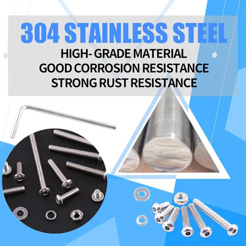 Vista 6 de Glarks 1021 tornillos de cabeza de botón M2 304 de acero inoxidable hexagonal, tornillos y tuercas arandelas kit surtido con llave hexagonal