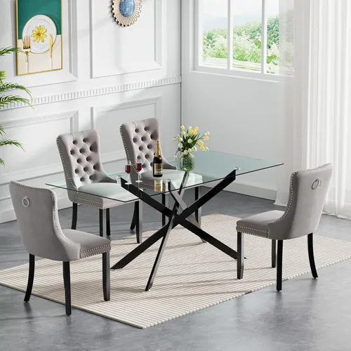 Vista 17 de Juego de mesa de comedor de cristal plateado moderno de 47 pulgadas para 2, juego de mesa de comedor de cocina redonda de 3 piezas con patas