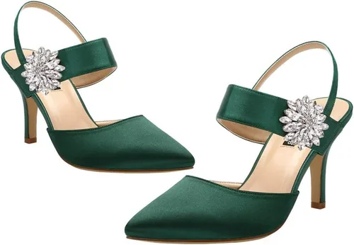 Vista 2 de ERIJUNOR Zapatos de tacón medio para mujer, con punta puntiaguda, broche de diamantes de imitación, zapatos de vestir de satén, zapatos de noche