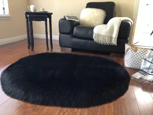 Vista 5 de LAMBZY Alfombra de pelo de oveja sintética, hipoalergénica, ovalada, sedosa, lujosa, para dormitorio, sala de estar, habitación de los niños, sofá