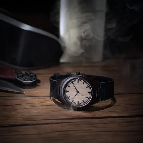 Vista 6 de LEFTLY Reloj de madera para hombre, hecho a mano, ligero, analógico, de madera, con correa de cuero, Negro -, Casual