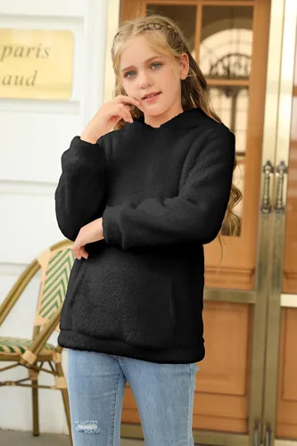 Vista 4 de Haloumoning Sudadera con capucha de forro polar mullido para niñas de 4 a 15 años