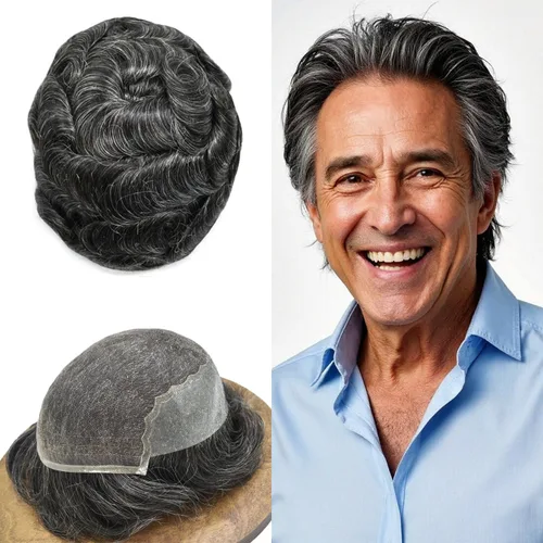 Vista 28 de Toupee para hombres pieza de pelo suave suizo encaje real sistema de cabello humano reemplazo blanqueado nudo mens tupé sistema de pelo para hombres