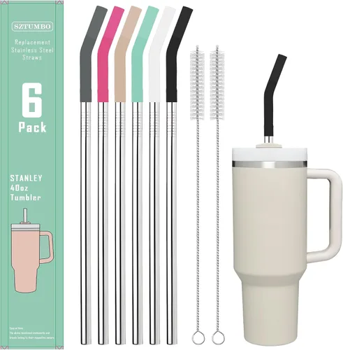 Vista 8 de 6 popotes rectos reutilizables de acero inoxidable de 12 pulgadas, con 6 puntas flexibles de silicona y 2 cepillos de limpieza, para vaso Stanley 3