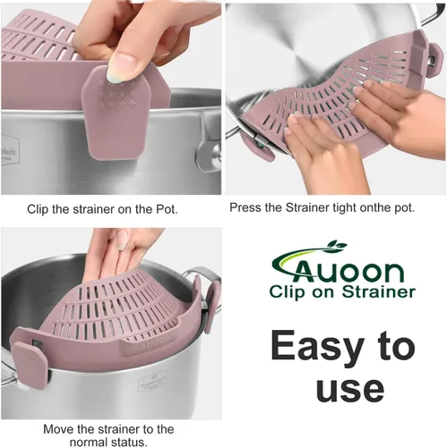Vista 4 de AUOON - Colador grande con clip para todas las ollas y sartenes, colador de silicona de gran tamaño, diseño familiar, colador de pasta, colador