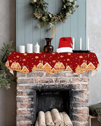Vista 5 de Bufanda de mantel de Navidad de 60 x 17 pulgadas, cubierta de mantel de chimenea con deliciosas galletas rojas de Candy House para chimenea, bufanda