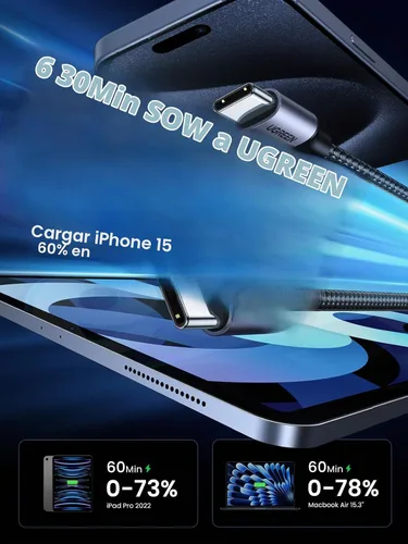 Vista 2 de UGREEN Cable USB C a USB C de 3.3 pies, 60 W, paquete de 2 cables USB C de nailon trenzado tipo C para iPhone 17/16, Galaxy S25/S24/S23, Pixel 10/9