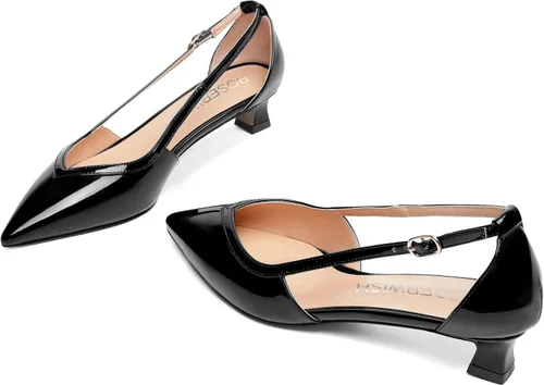 Vista 6 de ROSERWISH Zapatos de vestir de tacón bajo con hebilla de moda para mujer, para boda, fiesta, puntiaguda, patente, gatito, zapatos de vestir de 1.5