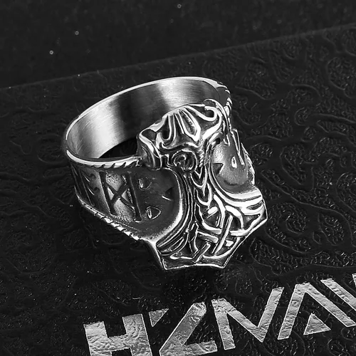 Vista 5 de HZMAN Anillo vikingo de acero inoxidable para hombre, símbolo de Odin, vikingos, martillo de Thor, joyería gótica de guerrero (tamaño, 7-14), Acero