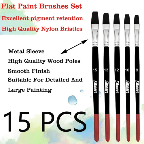 Vista 6 de Sdanart Pinceles de pintura plana, 15 piezas de diferentes tamaños, juego de pinceles planos para acuarela, tinta de aceite de gouache acrílico