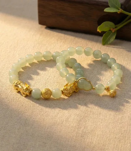 Vista 4 de 2 pulseras Feng Shui Pi Yao verde Fengshui calabaza para mujer, esmalte de color natural, atrae riqueza y buena suerte