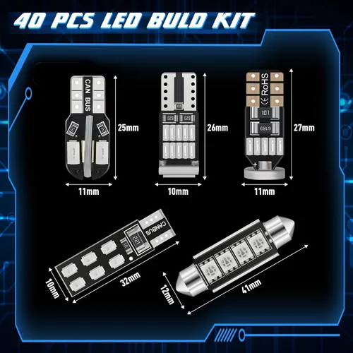 Vista 2 de Tallew Juego de 40 bombillas LED T10 para interiores de automóvil, 0.984 in, 1.024 in, 1.063 in, 1.260 in y 1.614 in, bombillas LED de repuesto