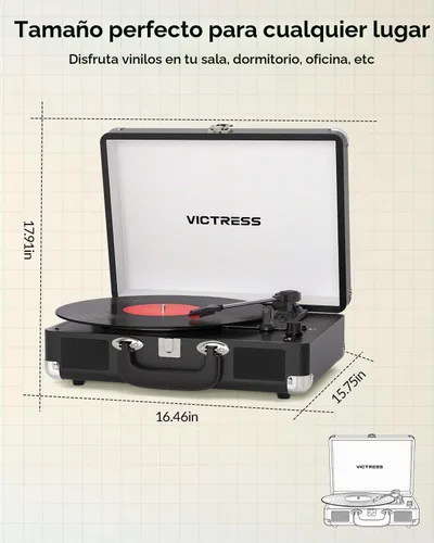 Vista 10 de Tocadiscos de vinilo con entrada y salida Bluetooth, tocadiscos portátil vintage de maleta, tocadiscos LP de 3 velocidades con conversión de vinilo
