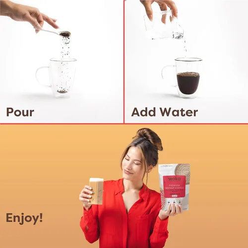 Vista 5 de Waka - Café instantáneo de calidad, tostado medio descafeinado, granos arábica y liofilizados. Bolsa de 35 porciones para café instantáneo caliente