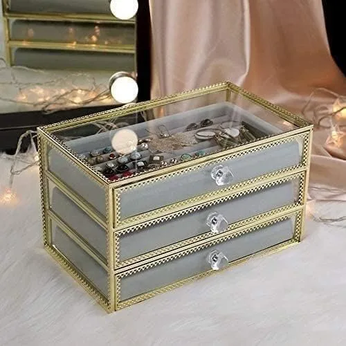 Vista 6 de Joyero de cristal transparente con 3 cajones de terciopelo para aretes, anillos, collares, pulseras, cajas de joyería