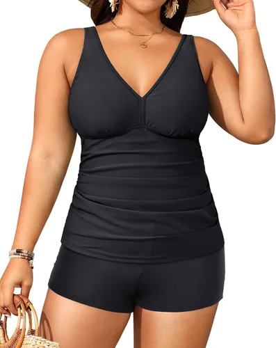 Vista 2 de Yonique - Trajes de baño de dos piezas de talla extragrande con pantalones cortos, para mujer, tankini atlético con control de abdomen
