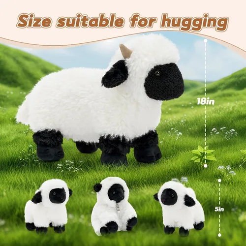 Vista 3 de Tezituor Valais - Juego de 4 animales de peluche de oveja Blacknose de 18 pulgadas, peluche grande de oveja con 3 lindos bebés de cordero, regalo