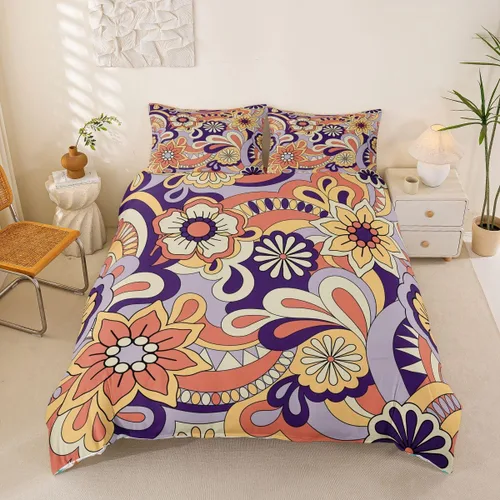 Vista 16 de Juego de ropa de cama Groovy de los años 60 y 70 para niños, funda de edredón retro de flores hippie para niños, adolescentes, vintage, bohemio