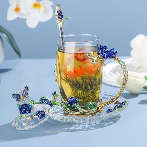 Vista 2 de Taza de café de vidrio, regalo de cumpleaños y Navidad para mujeres, mamá, hermana, novia, compañera de trabajo, taza de té de flores y mariposas