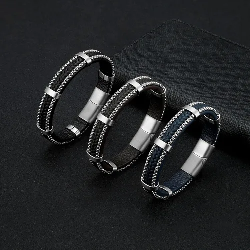 Vista 4 de Hoigblxy Pulsera de cuero para hombre, cierre magnético, de acero inoxidable, longitud de 8.26 pulgadas, Sin gemas.
