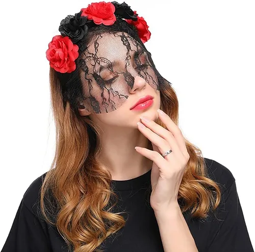 Vista 8 de Diadema del Día de los Muertos con velo para novia, rosa, corona floral, guirnalda de Halloween, disfraz de fantasma, carnaval, fiesta