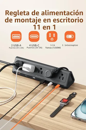 Vista 2 de Regleta de alimentación con abrazadera de escritorio de 6.5 pies con 5 salidas de CA y 6 puertos USB PD de 40 W USB-C de carga rápida, cable de Negro