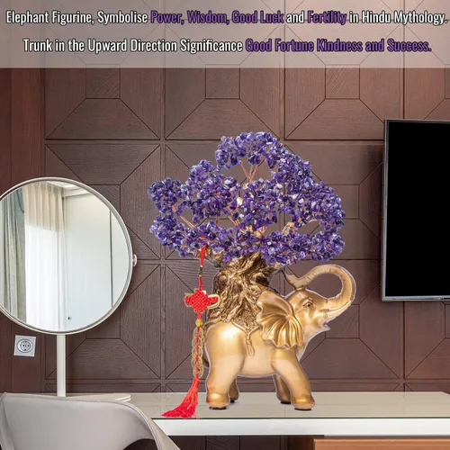 Vista 6 de Árbol de Dinero de Cristal de Amatista GEMBOURY en Estatua de Elefante Dorado, Bonsái Grande de 43 cm de Árbol de la Vida, Regalo de Decoración
