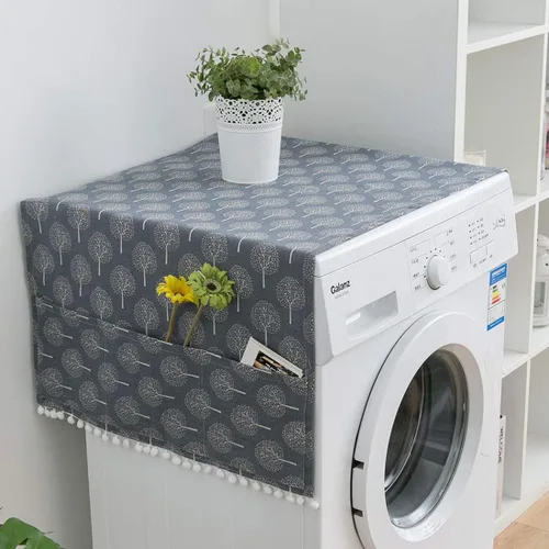 Vista 12 de vctops Funda de algodón y lino con estampado bohemio para nevera, a prueba de polvo, pompones, cubierta superior de lavadora multiusos con 6