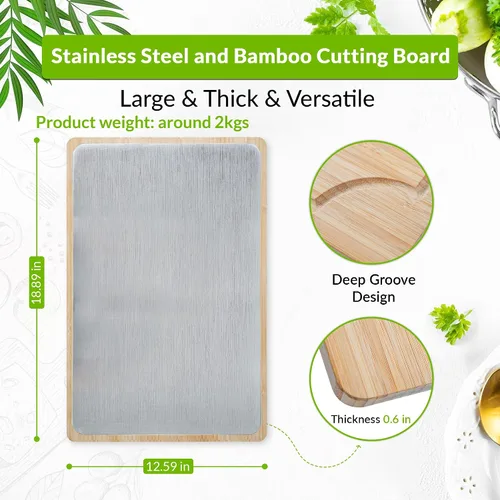 Vista 6 de GR Kraft - Tablas de cortar de doble cara de acero inoxidable y bambú, no tóxicas, duraderas, con diseño apto para cuchillos, sin microplásticos
