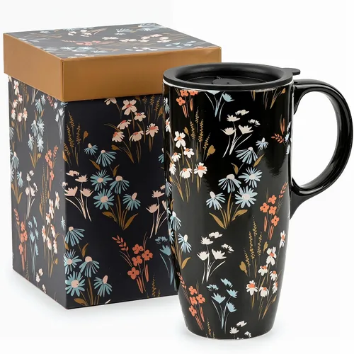 Vista 11 de DUSVALLY Taza de viaje de cerámica de 17oz con tapa, taza de café floral Azul