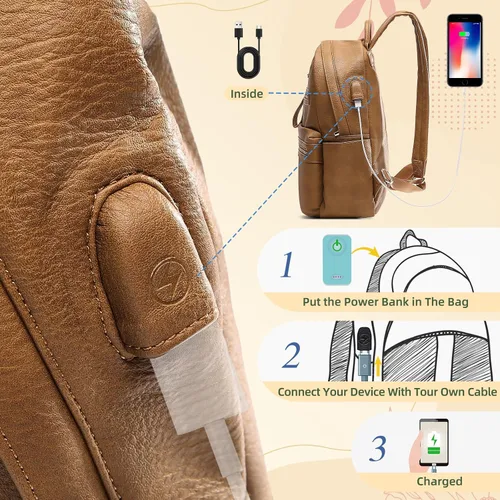 Vista 6 de miss fong Bolsa de pañales pequeña para viaje, de cuero, mochila para pañales de bebé con 7 bolsillos con cargador USB y 2 bolsillos aislados