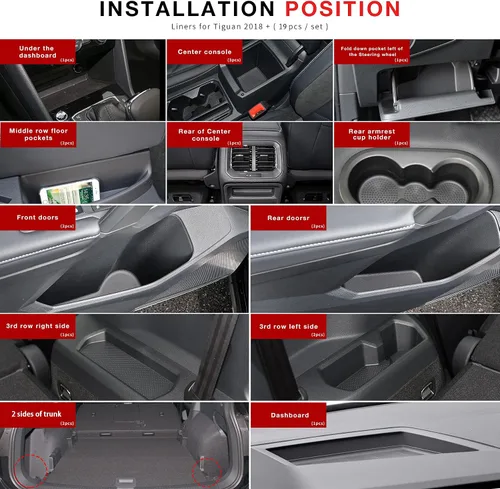 Vista 7 de Auovo Alfombrillas antipolvo para Volkswagen VW Tiguan accesorios 2024 2023 2022 2021 2020 2019 2018 personalizados portavasos, puertas y consolas