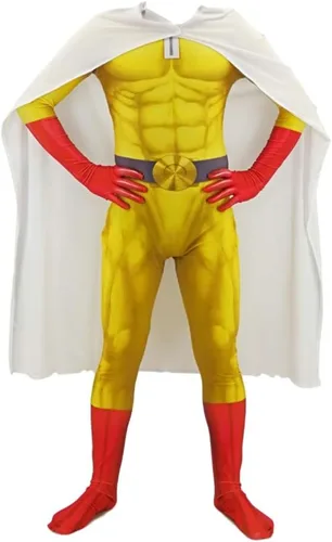 Vista 2 de Saitam - Enterizo de superhéroe para Halloween, traje de una pieza con capa para cosplay