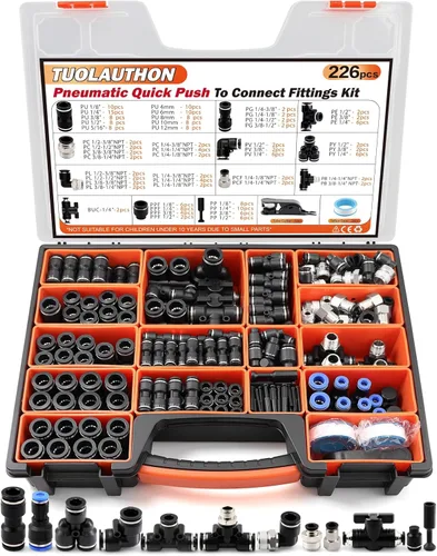 Vista 14 de Kit de accesorios de manguera de aire de empuje para conectar 70 piezas, 1/4 1/8 3/8 1/2 pulgadas de diámetro exterior neumático surtido con roscas