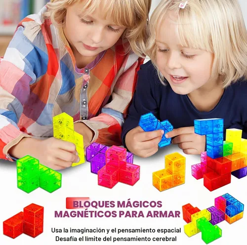 Vista 3 de Bloques de construcción magnéticos, cubos magnéticos 3D, juego de 7 bloques magnéticos de múltiples formas con 54 tarjetas guía, juguetes educativos