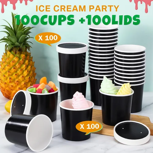 Vista 3 de Irenare 100 vasos de papel para helado de 12 onzas con tapas, cuencos desechables para postres, recipientes de sopa caliente, recipientes de papel