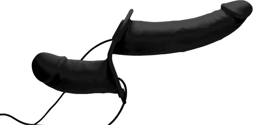 Vista 3 de Power Pegger - Consolador doble vibrador de silicona negra con arnés