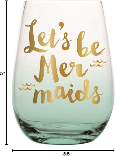 Vista 2 de Slant Collections Vaso de vino sin tallo, color verde azulado degradado con escritura dorada, regalo para novia, 20 onzas, Let's Be Mermaids