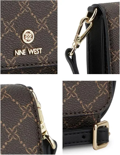 Vista 6 de Nine West Linnette - Cartera para teléfono con cuerda, logotipo marrón y negro, Logotipo marrón negro