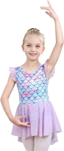 Vista 3 de iLover Vestido de leotardo clásico con mangas con volantes para niñas, para danza, gimnasia y ballet