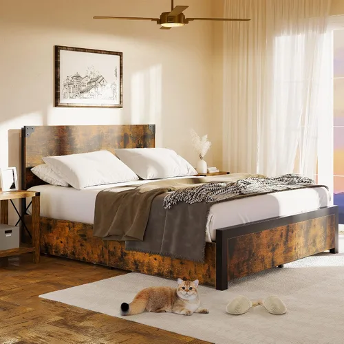 Vista 3 de coucheta Base de cama de tamaño matrimonial con 4 cajones de almacenamiento y cabecero, plataforma de metal resistente y madera rústica, marco