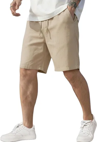 Vista 6 de COOFANDY Pantalones cortos de lino para hombre, cintura elástica, con cordón, pantalones cortos de verano, playa, vacaciones A-Azul Claro