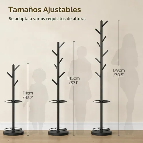 Vista 3 de YATINEY Perchero independiente con soporte para paraguas, perchero con 8 ganchos, árbol de abrigo resistente para entrada, perchero moderno, soporte