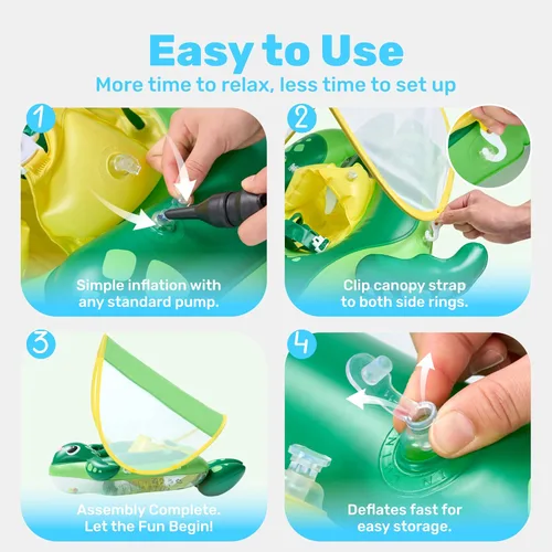 Vista 4 de Sloosh Flotadores de natación para bebés con toldo extraíble, flotador inflable para piscina para bebé, diseño de tortuga marina, anillo de natación
